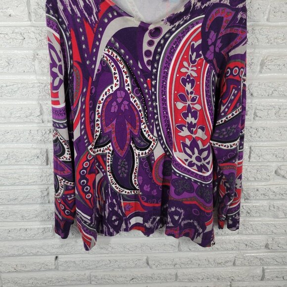 Liz Me Womens Top 3X Plus Long Sleeve Knit Purple Red Rhinestones GEO198E - Picture 4 of 8